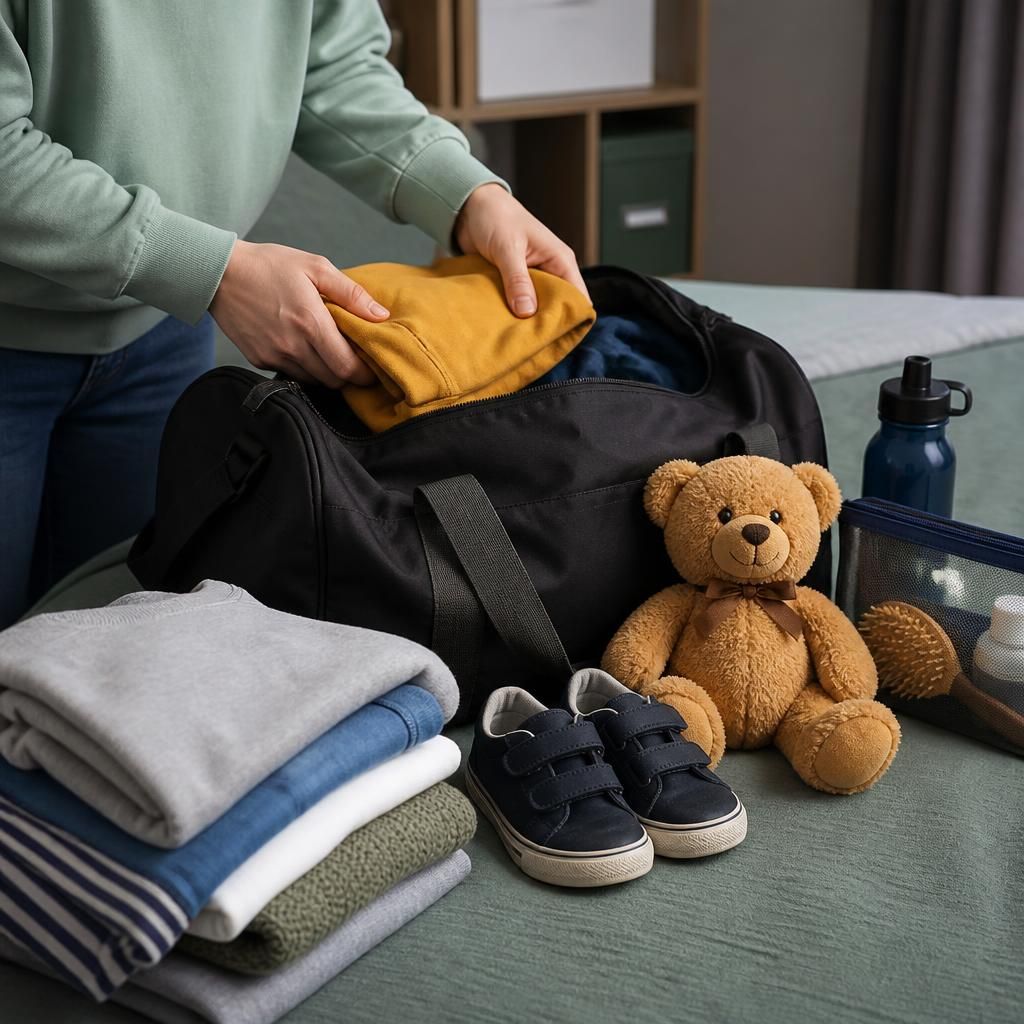 Packed bag, clothing and comfort items prepared for a child moving placement