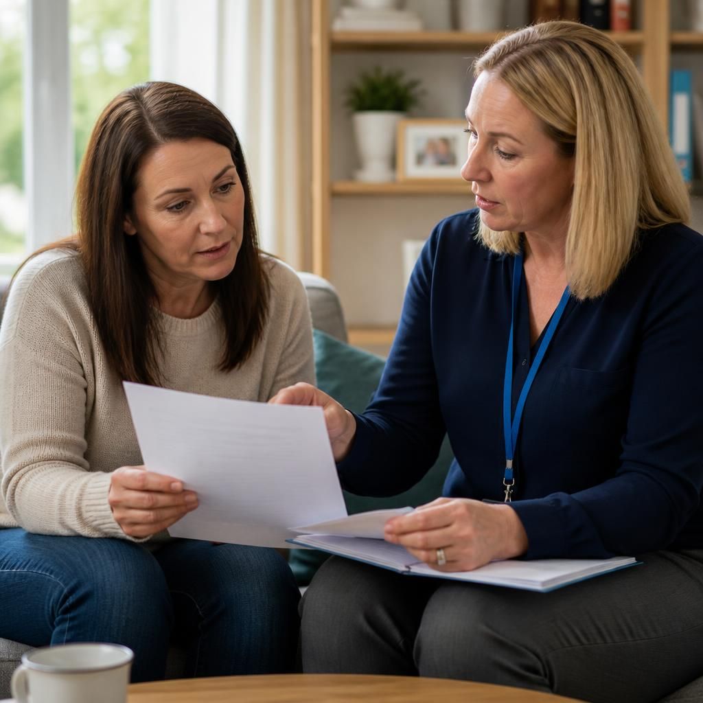 Foster carer reviewing assessment documents with a social worker