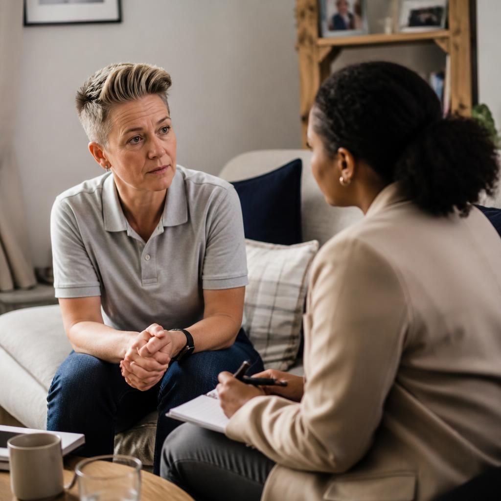 Single foster carer discussing a child's needs with a social worker at home