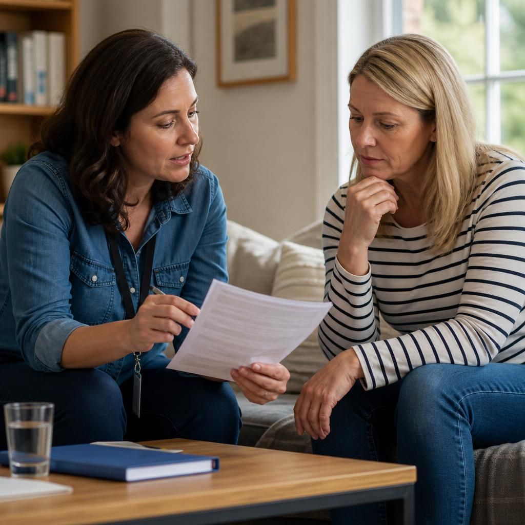 Foster carer discussing transfer paperwork with a social worker