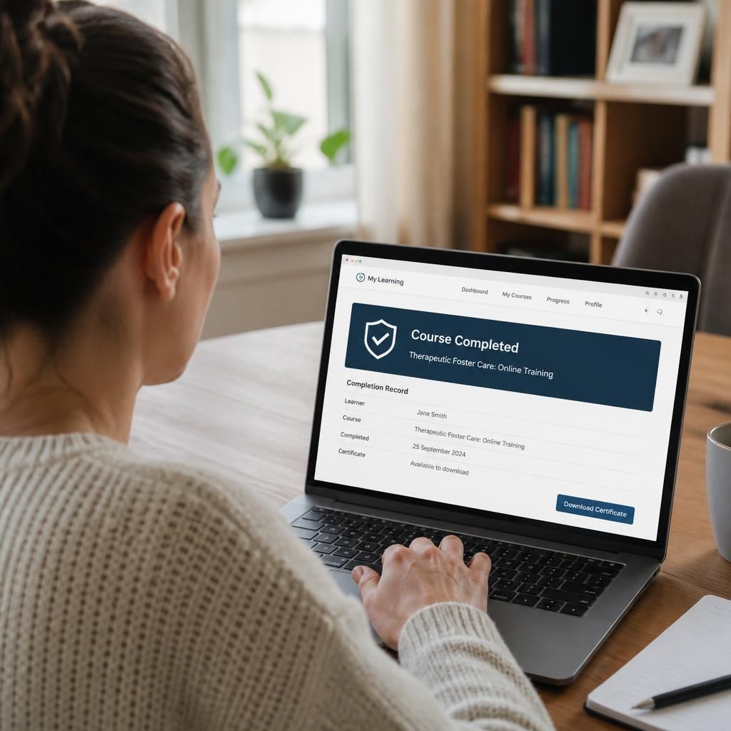 Learner reviewing an online therapeutic foster training completion record on a laptop