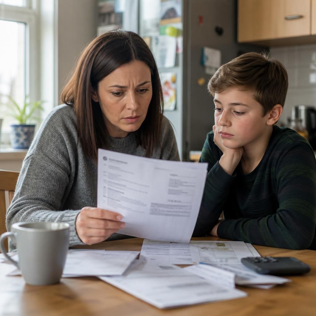 Foster carer reviewing a council tax bill at home with a child