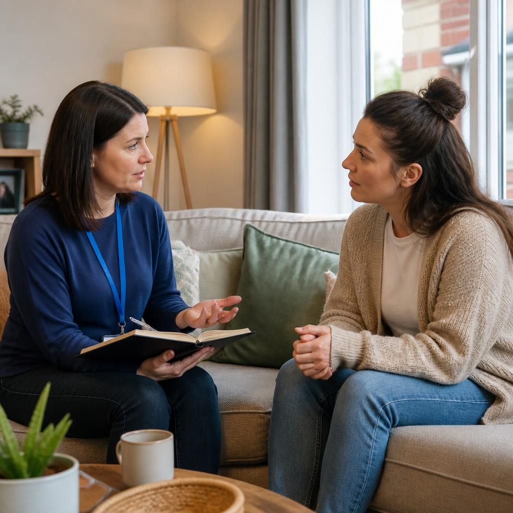 Single adult discussing fostering with a social worker at home
