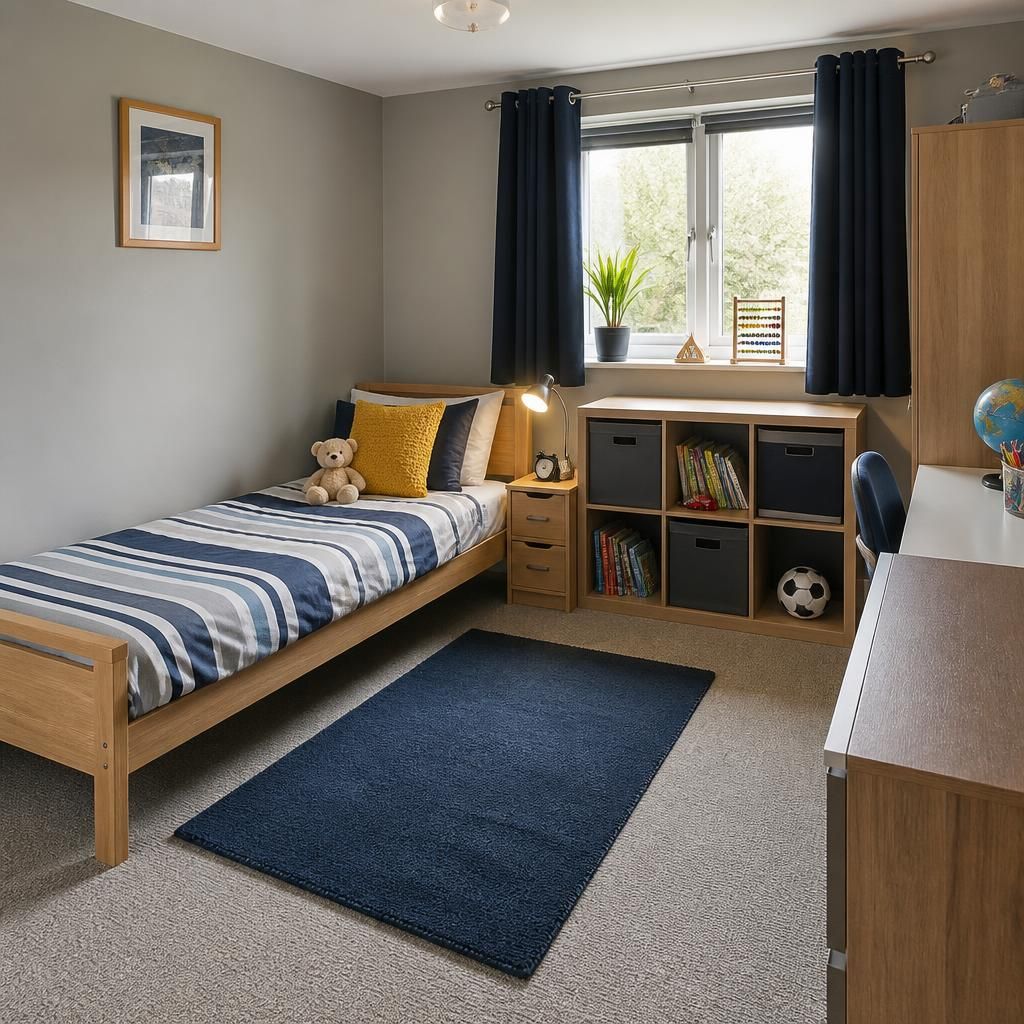 Neatly prepared child's bedroom with a bed, storage and clear floor space