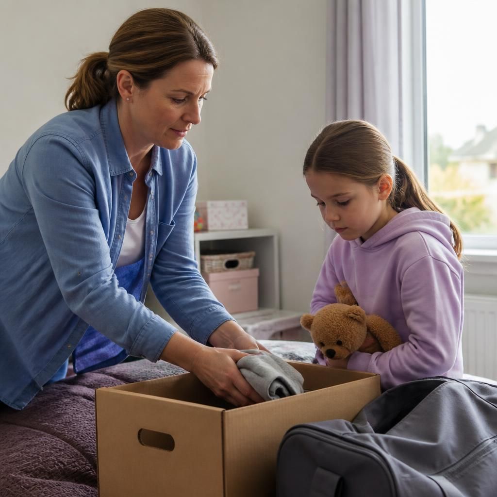 Foster carer helping a child pack personal belongings before returning home