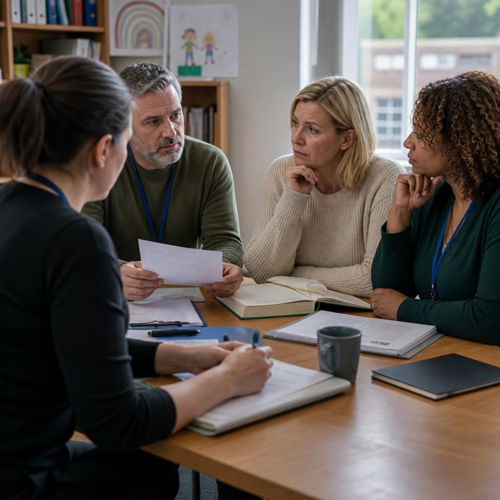 Foster carers and social workers reviewing placement records around a table