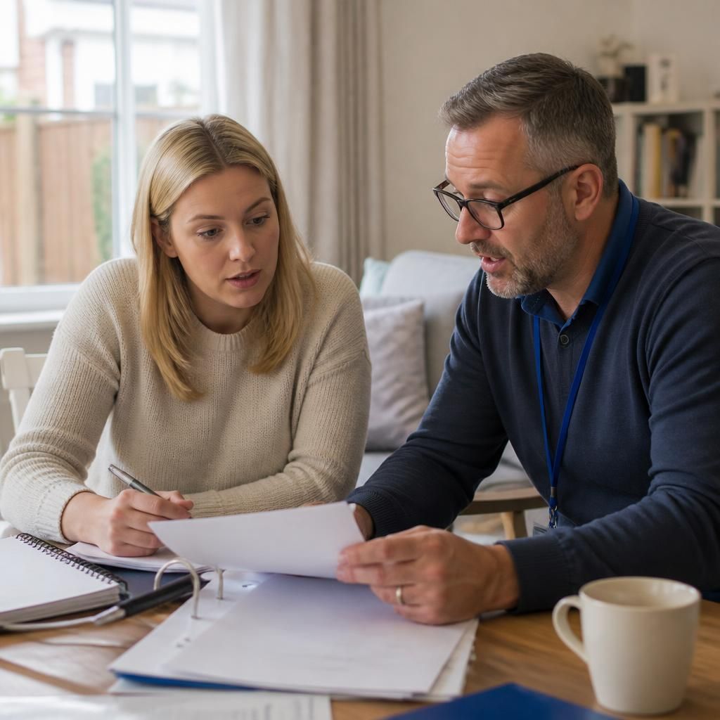 Fostering applicant reviewing training materials with a trainer
