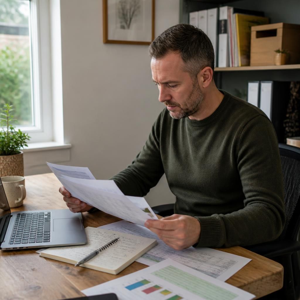 Foster carer reviewing work schedules and assessment documents at a desk