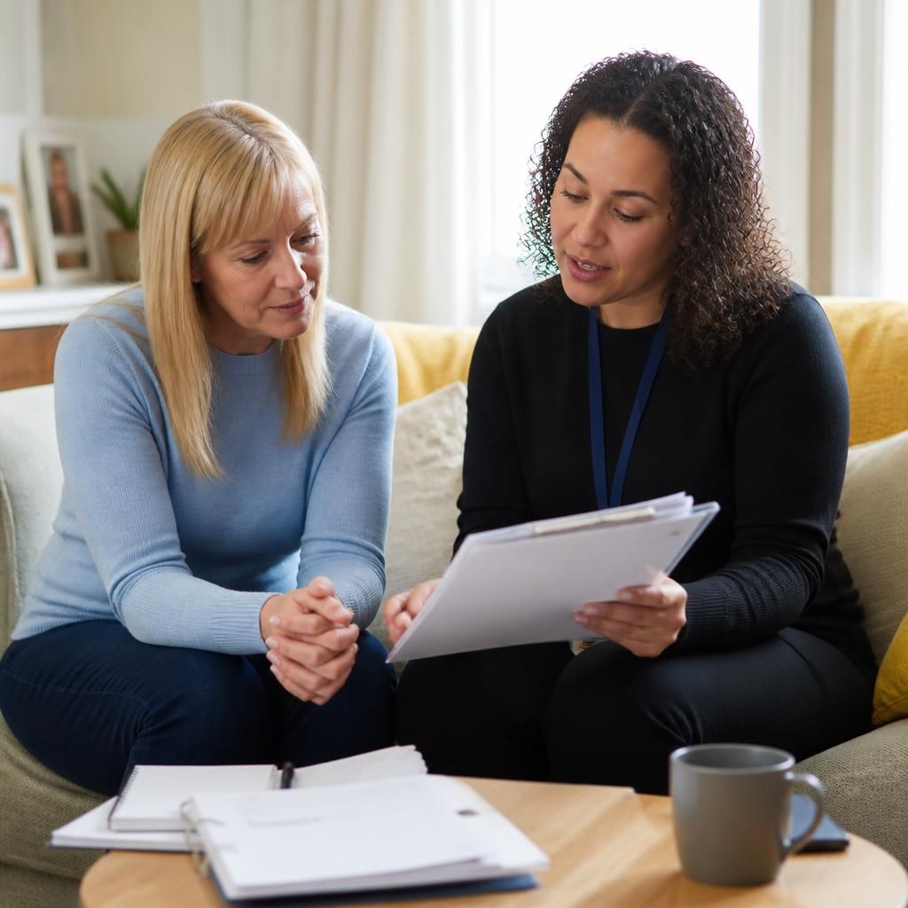 Foster carer reviewing placement notes with a social worker