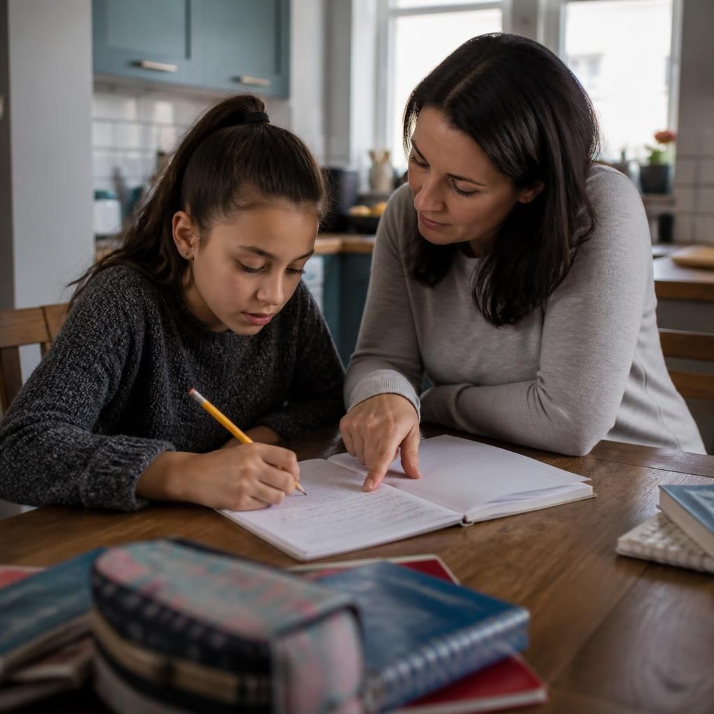 Foster carer helping a child with homework at a kitchen table