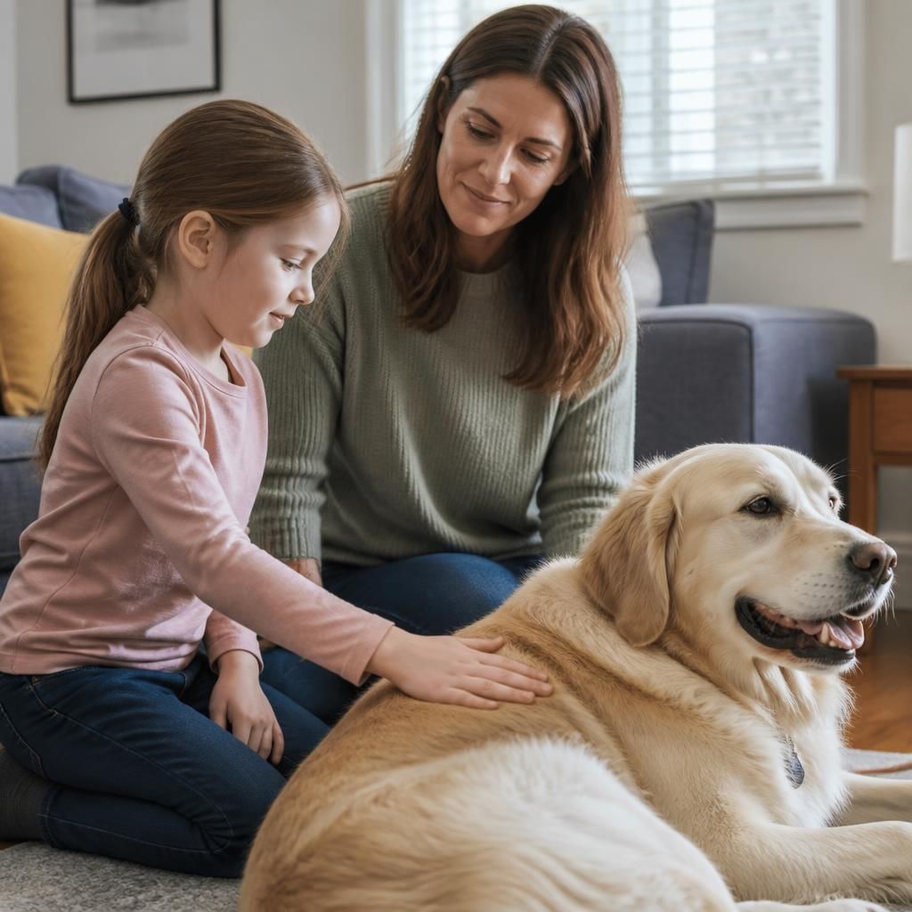 Adult supervising a child as they gently stroke a dog in a home