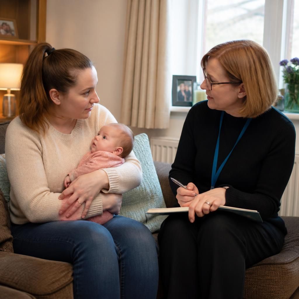 Foster carer holding a baby while speaking with a supervising social worker