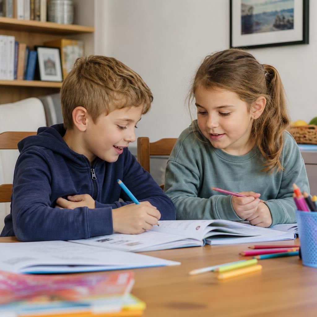 Two siblings sitting together at a table with books and drawing materials
