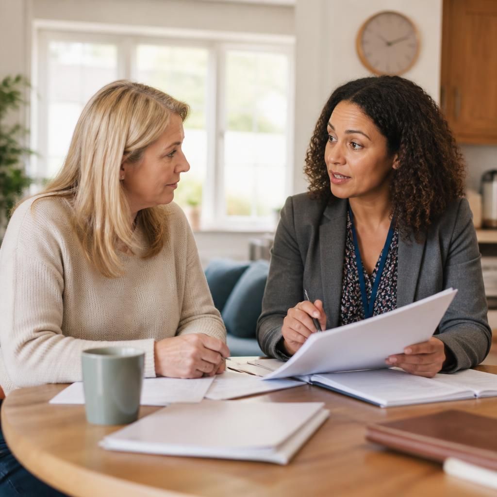 Foster carer and social worker discussing placement notes at a table