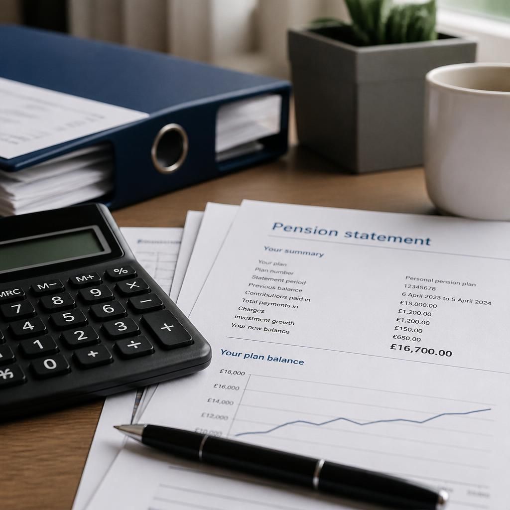 Pension statement and paperwork beside a calculator and pen