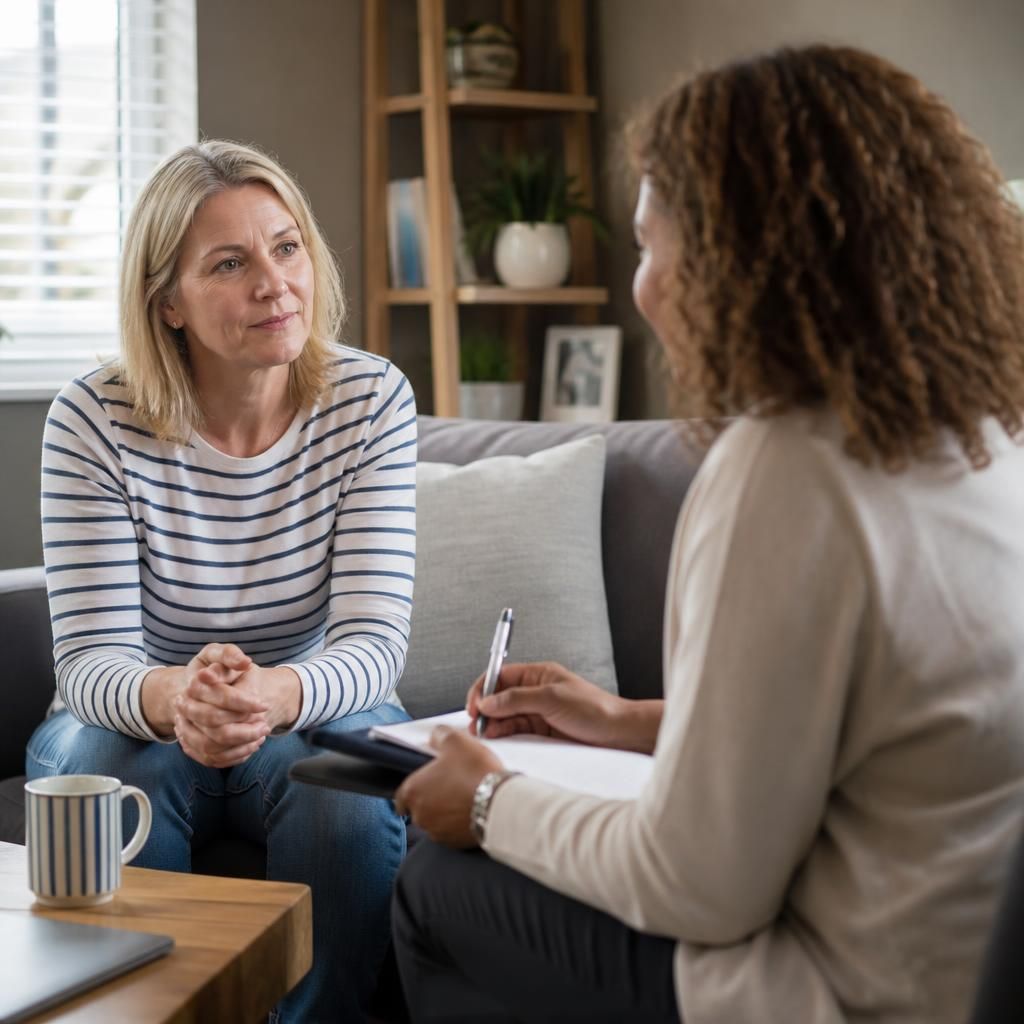 Prospective foster carer speaking with an assessor during a home assessment meeting