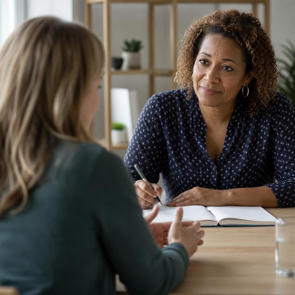 Foster carer meeting with an independent adviser at a table