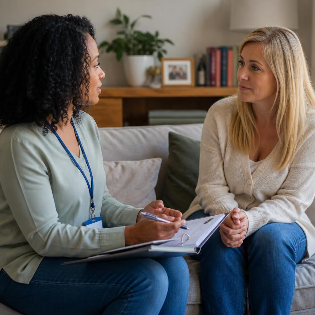 Foster carer speaking with a supervising social worker during a support meeting