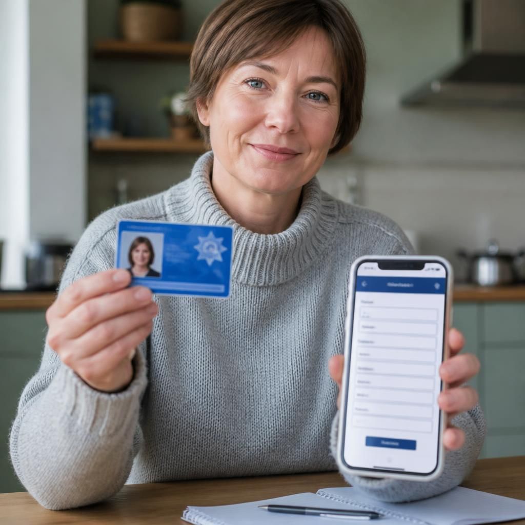 Foster carer holding an identification card beside a smartphone application form