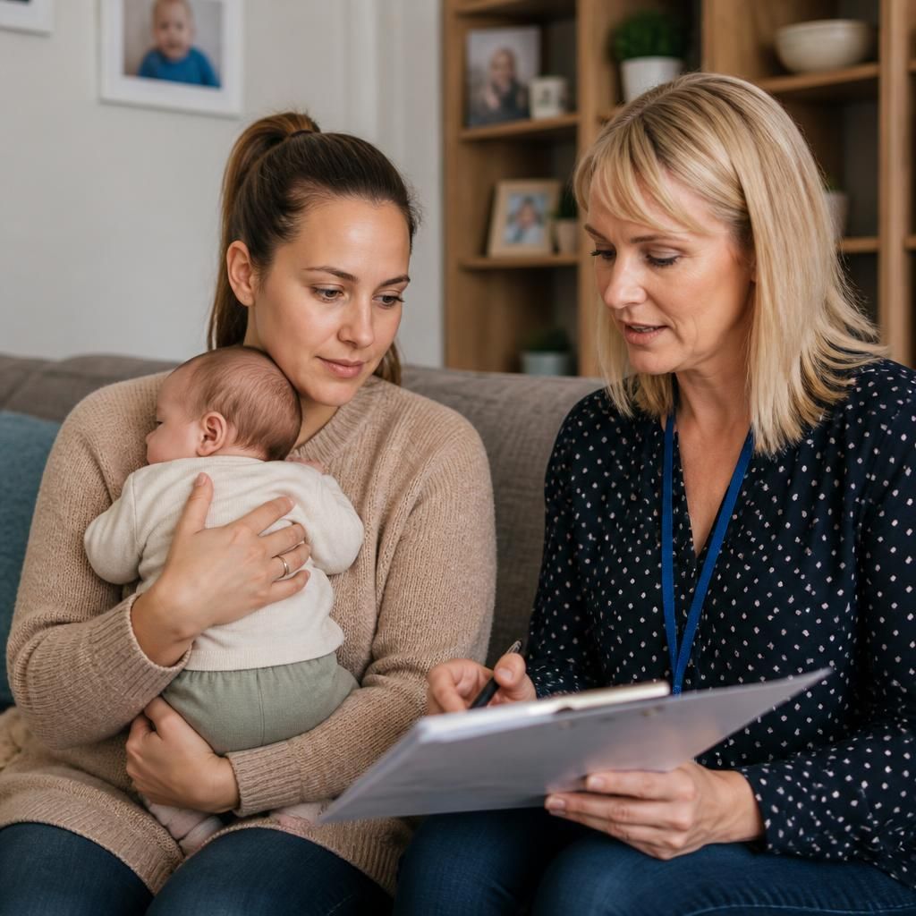 Foster carer holding an infant while reviewing care notes with a social worker