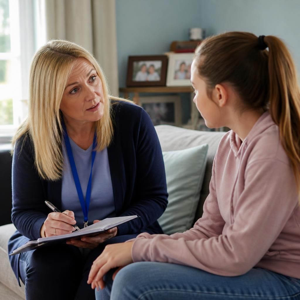 Social worker speaking privately with a child during a home visit