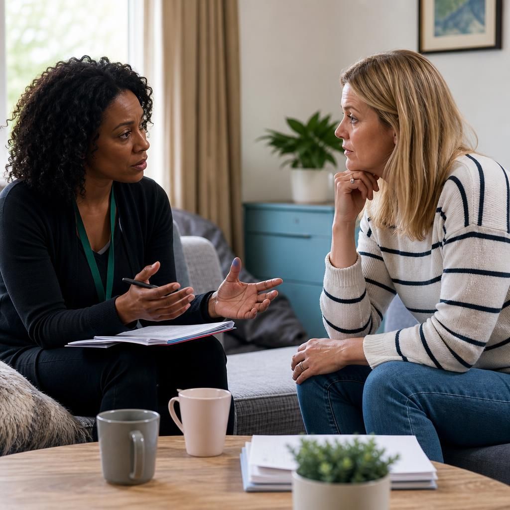 Social worker speaking with a foster carer during a safeguarding discussion