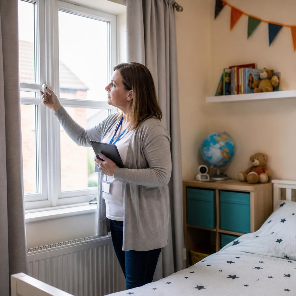 Foster carer checking safety features in a child’s bedroom