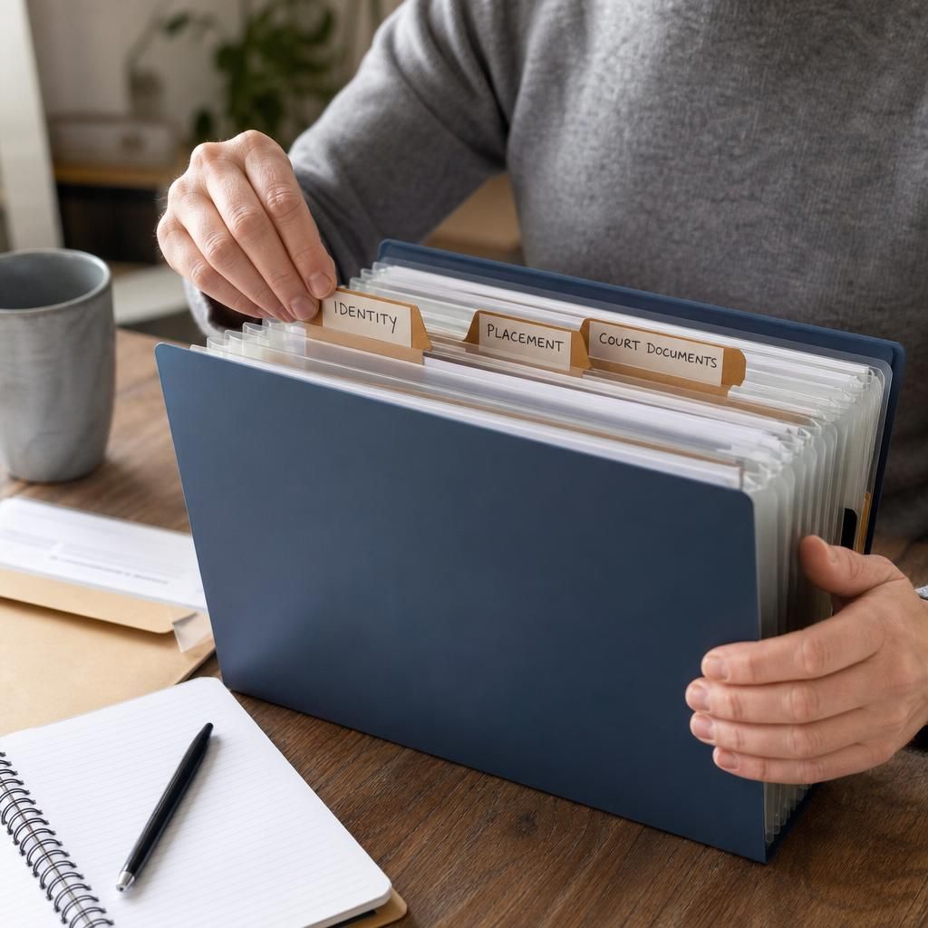 Organised folder containing identity, placement and court documents