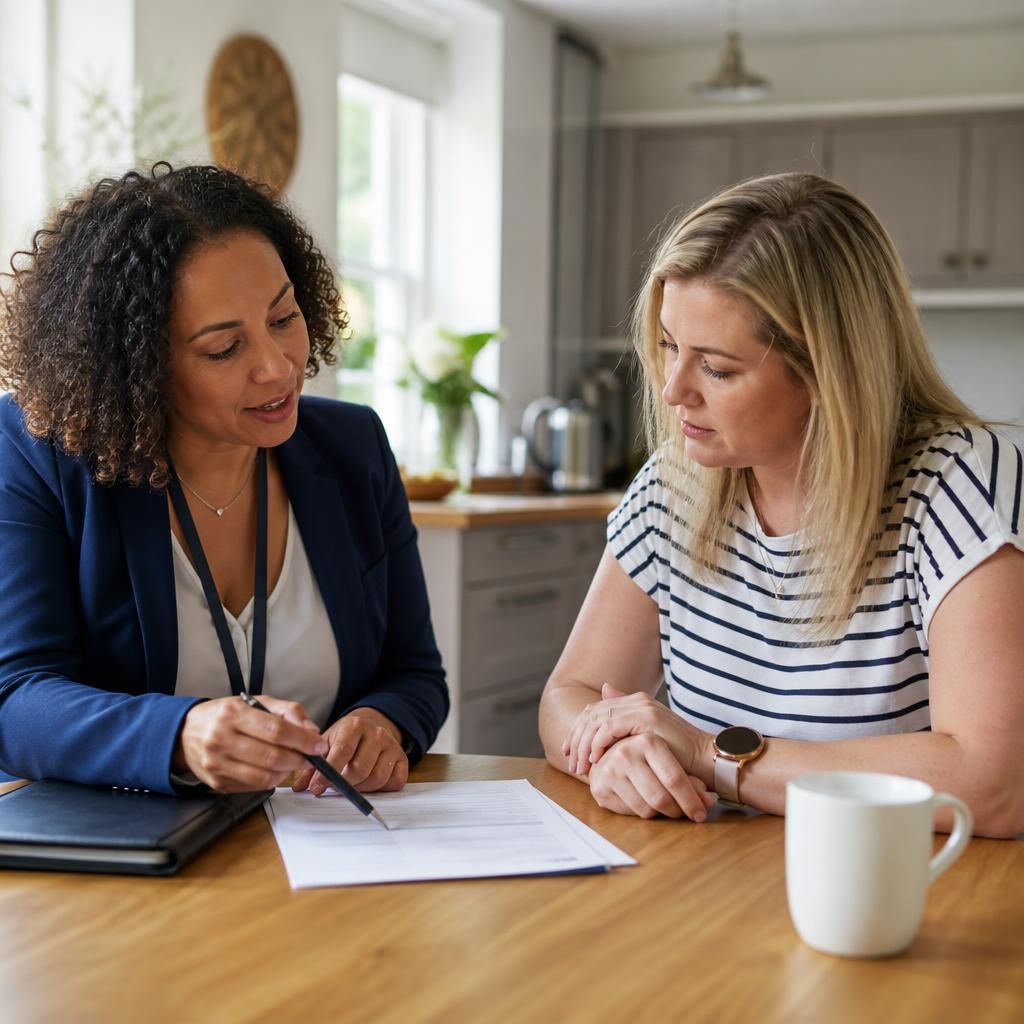 Foster carer reviewing a placement payment agreement with a social care professional