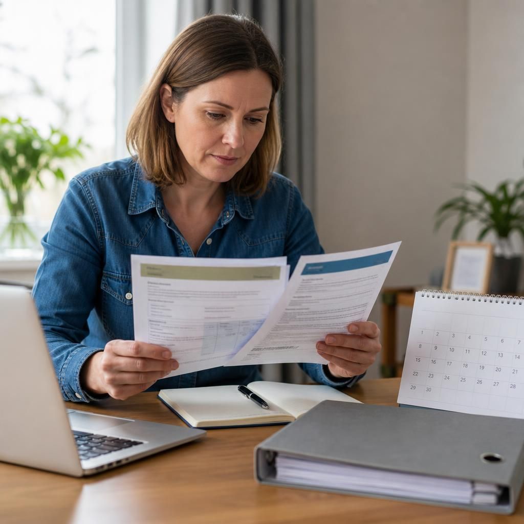 Foster carer reviewing DBS, medical and reference check documents beside a calendar