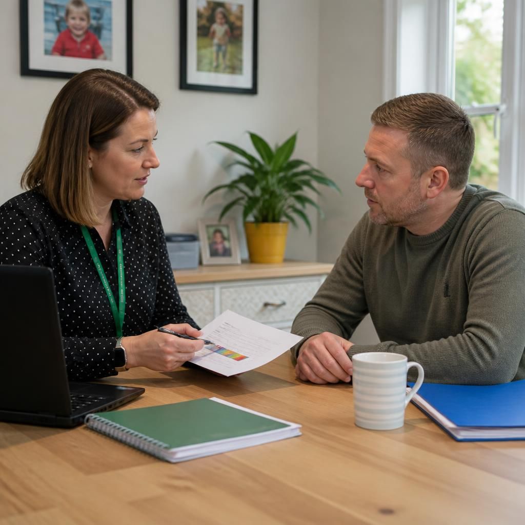 Foster carer speaking with a social worker while reviewing placement information