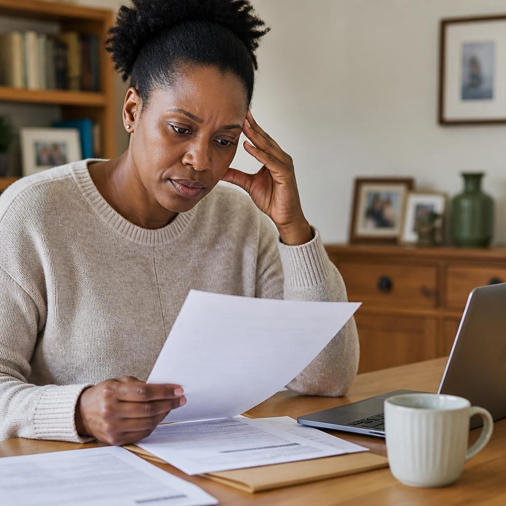 Kinship carer reviewing benefit decision paperwork at a table