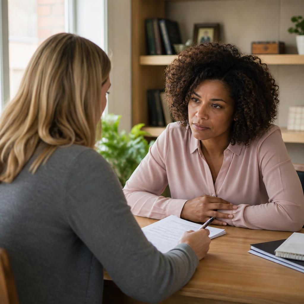 Foster carer discussing application paperwork with a social worker
