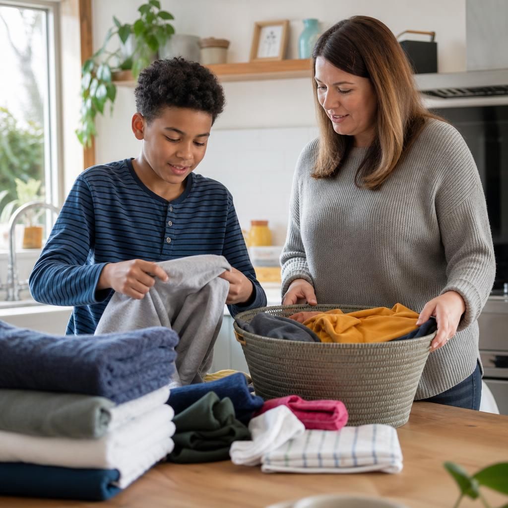 Adult and child organising household tasks together