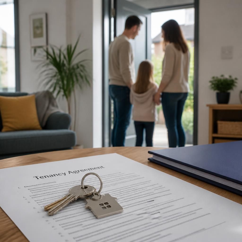 House keys and a tenancy agreement beside a family home