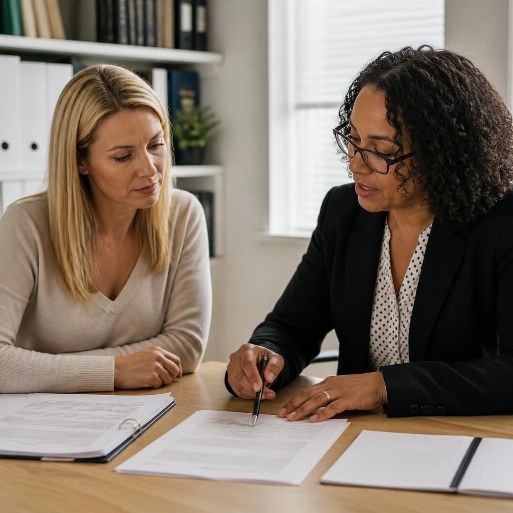 Foster carer discussing fostering documents with a solicitor