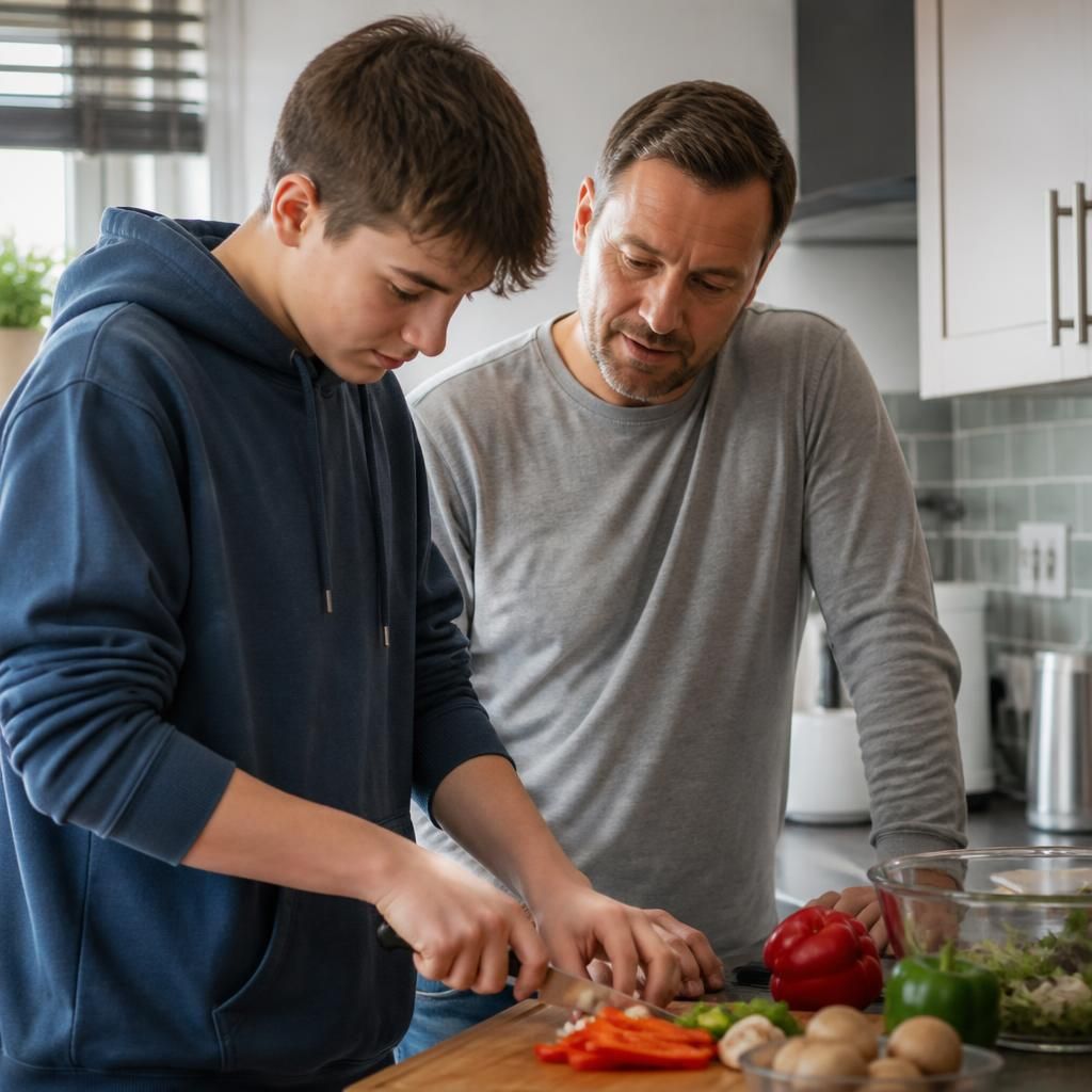 Foster carer supporting a teenager with a practical household task