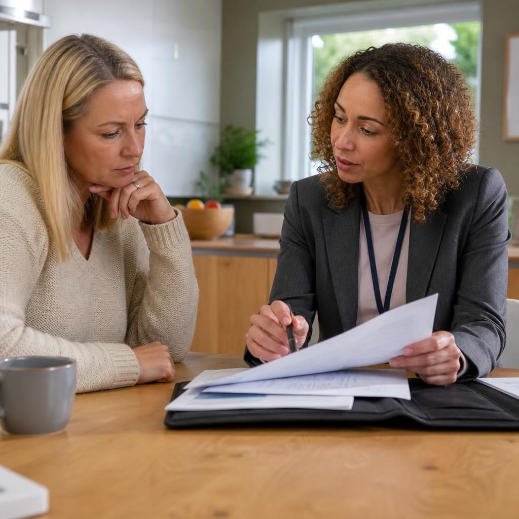 Foster carer reviewing placement documents with a supervising social worker