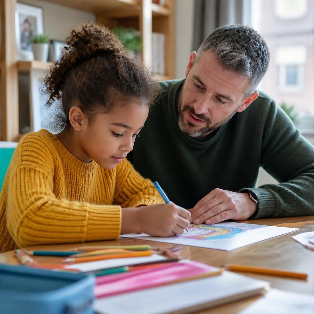 Foster carer supporting a child with a creative activity