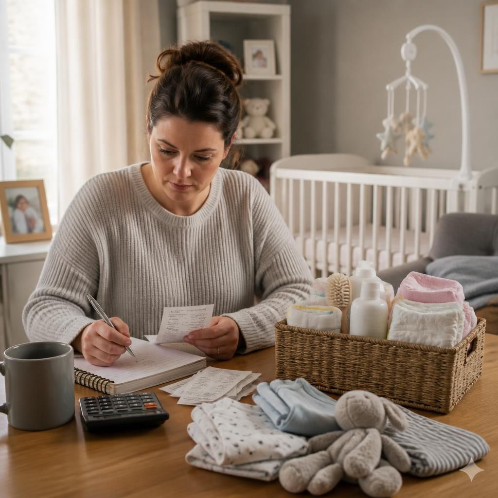 Foster carer organising baby supplies and household receipts at a table