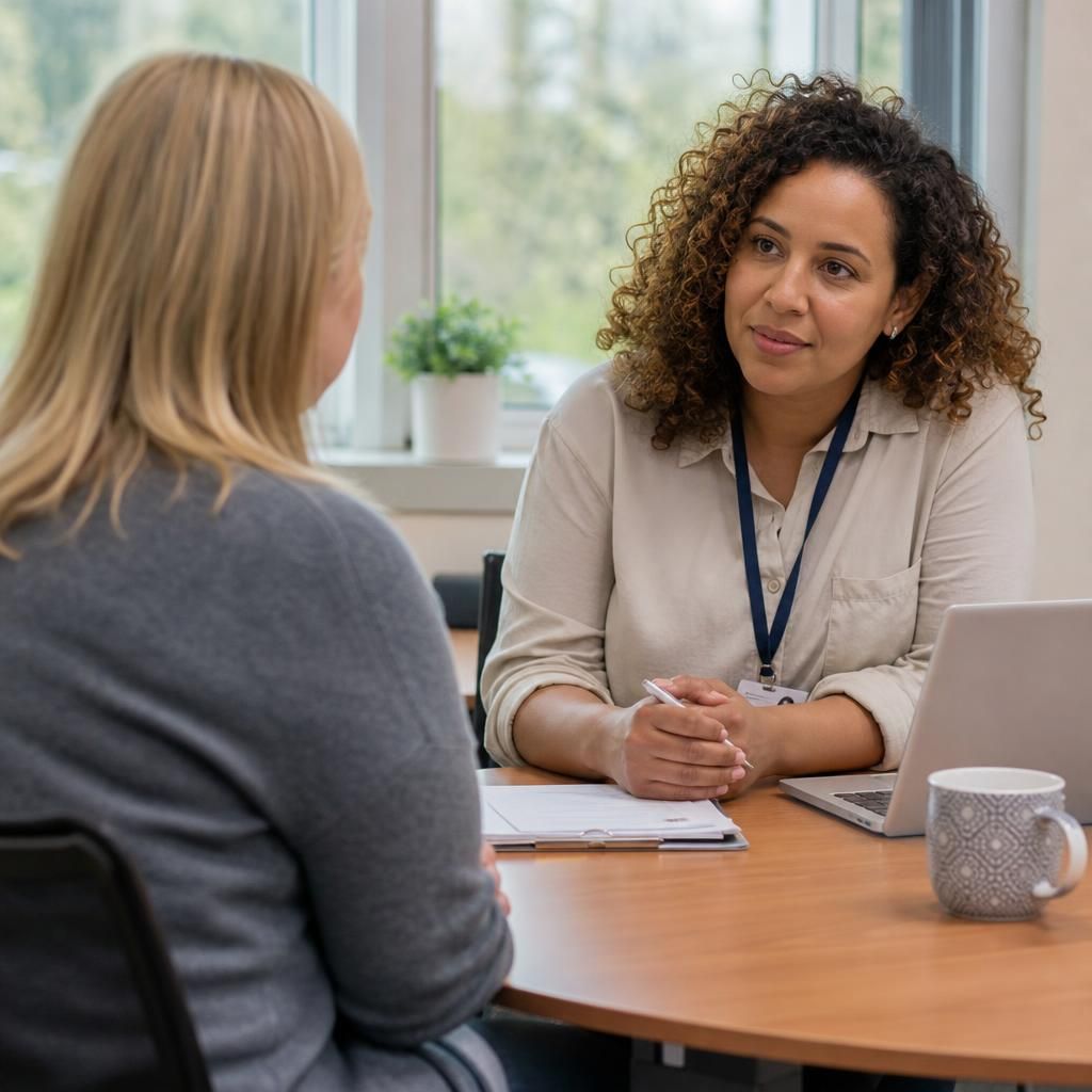 Foster carer speaking with a supervising social worker during a review meeting