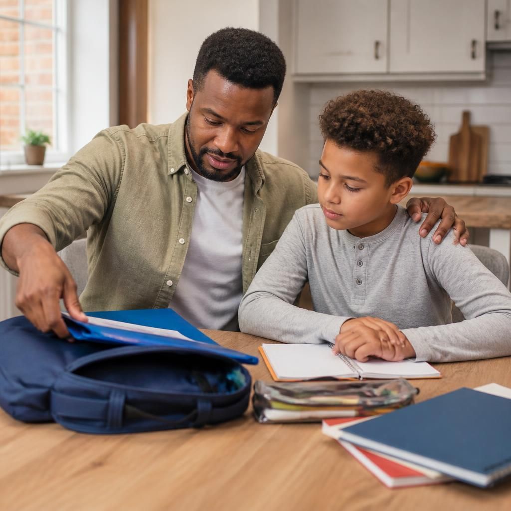 Foster carer organising school materials with a child
