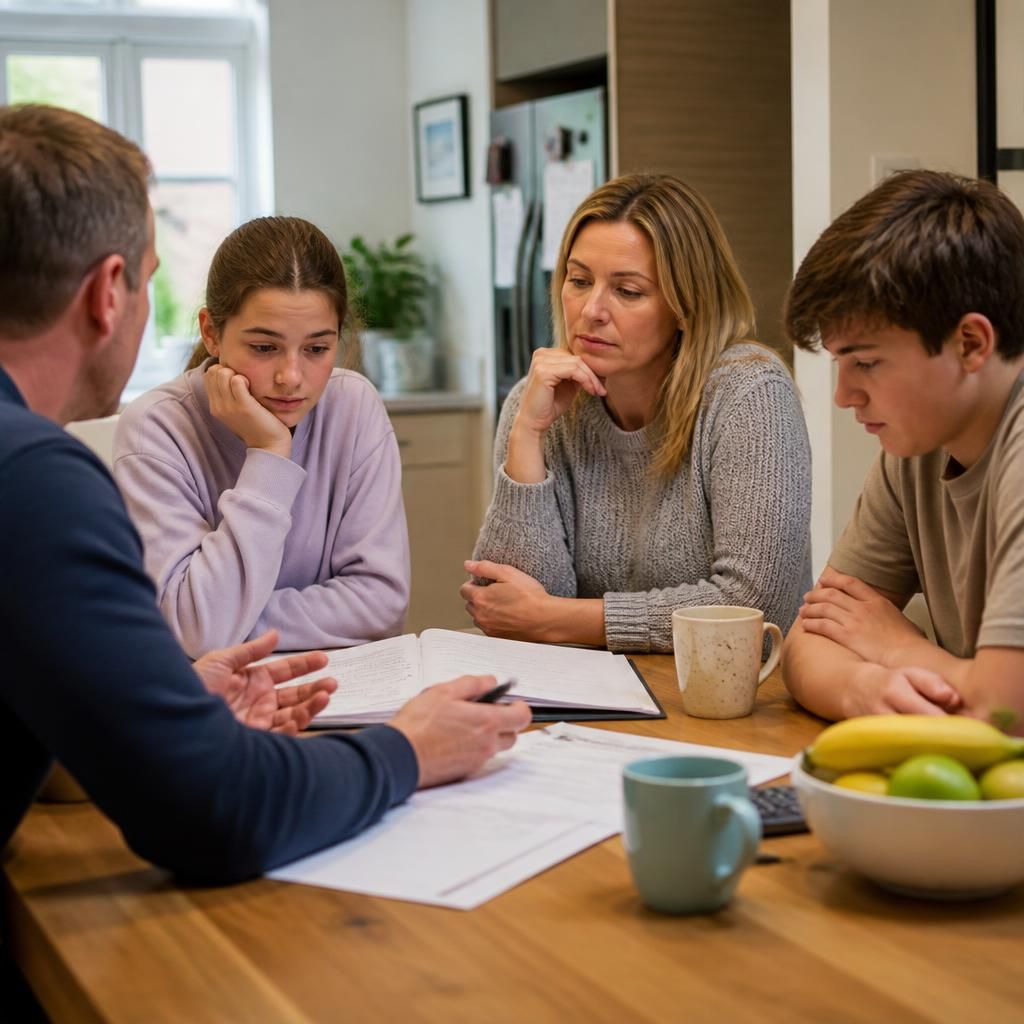 Family discussing care arrangements around a kitchen table