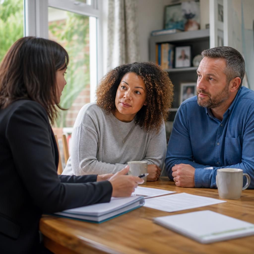 Foster carers discussing placement details with a social worker at a table