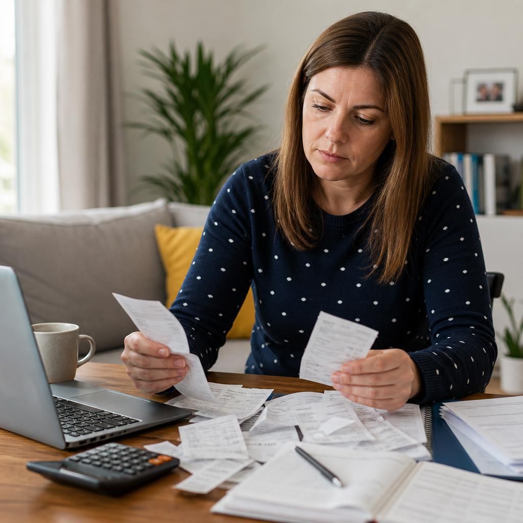 Foster carer reviewing receipts and payment documents at a desk