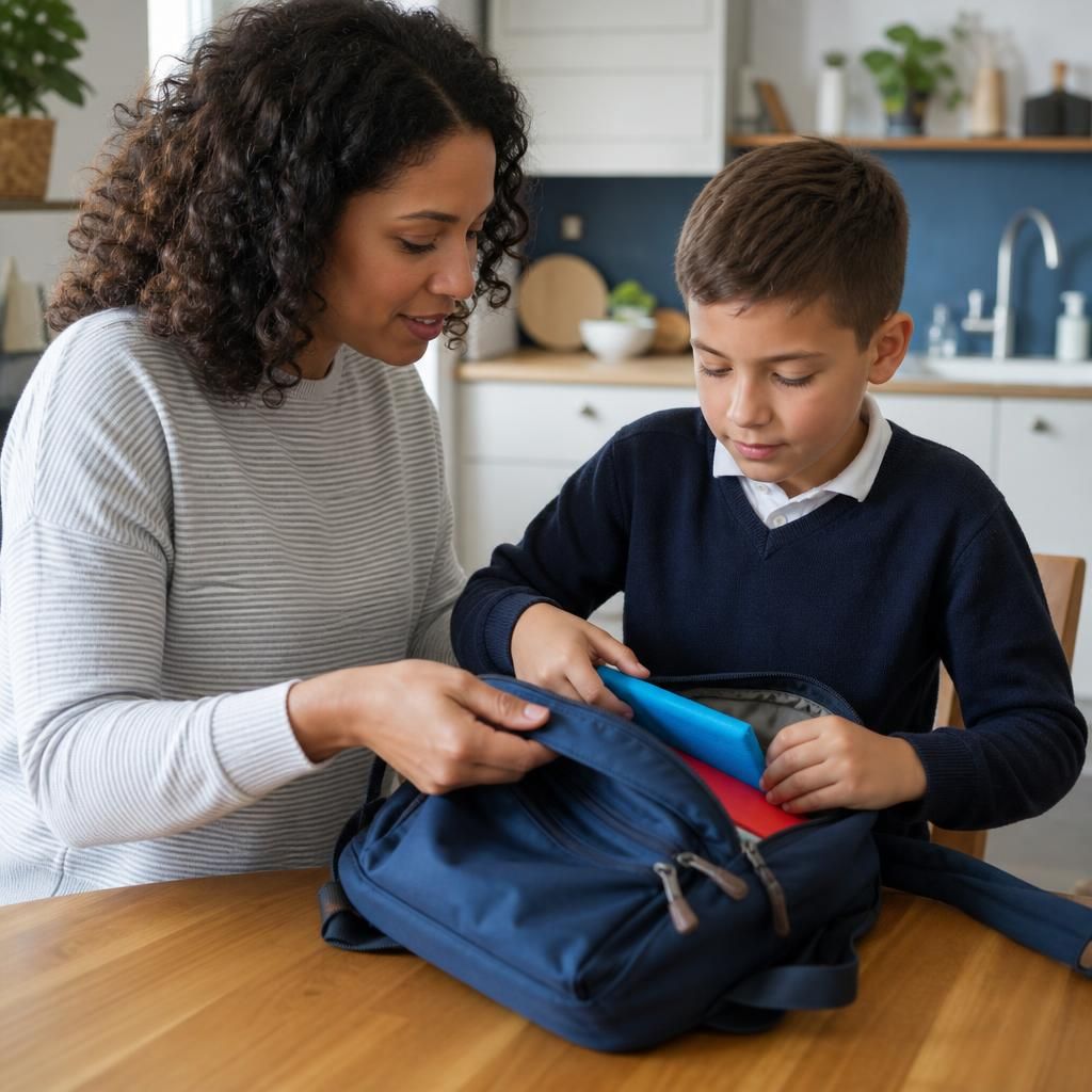 Adult and child preparing a school bag at a kitchen table