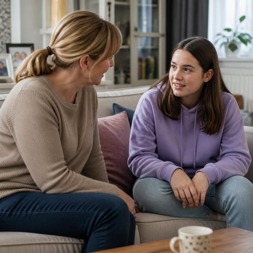 Foster carer and young person talking together at home