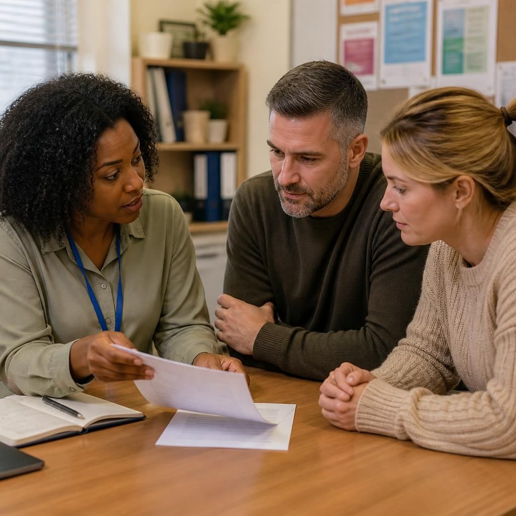 Foster carer discussing a child’s updated care plan with social workers