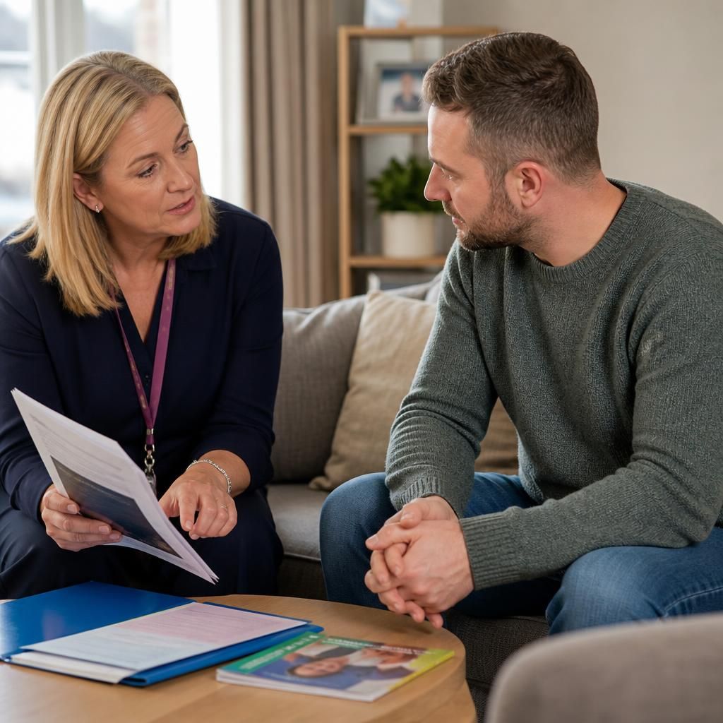 Foster carer discussing training materials with a social worker