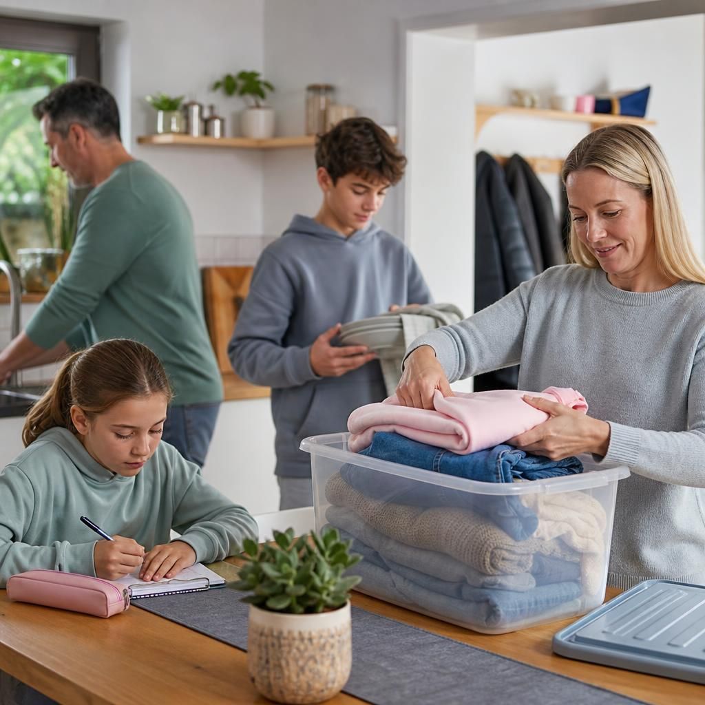 Family members organising belongings and household activities
